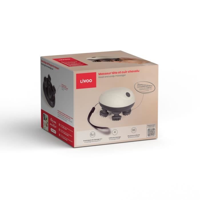 Masseur tête et cuir chevelu - LIVOO - DOS202 - 2 h - 96 picots - 4 têtes - 3 modes - IPX4 - Crème / Gris foncé