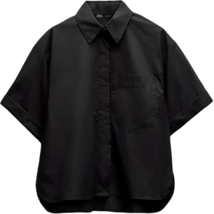

Zara TRF Solid Color Pocket Detail Versatile Polo Collar Short Sleeve Shirt Women shirts Black 2837200-800 M