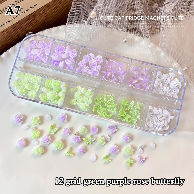 

6/12 Grids 3D Camellia Rose Flower Nail Art Charms Mixed Floral Butterfly Pearl Nails Decor For Diy Crafts Manicure Accessory
