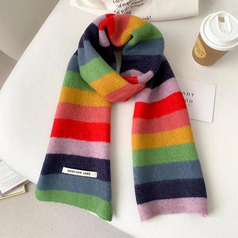 Korean Fashion Scarf Winter Autumn Women Striped Knit Wool Muffler Female Chic Versatile Small Soft Warm Shawl Trendy Girl