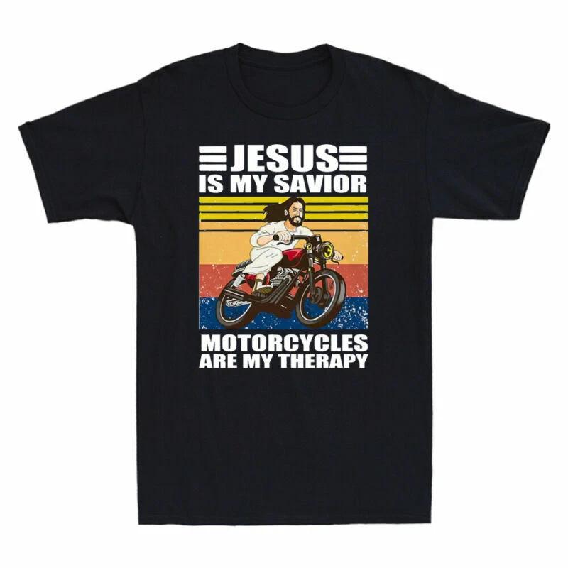 Retro Jesus Is My Savior Motorcycles Are My Therapy Vintage Men s T-Shirt Black L