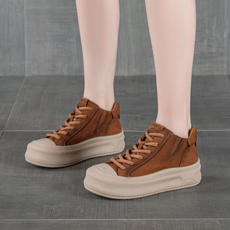 Double Top Layer Cowhide High-top Board Shoes Women's Autumn and Winter New Retro Handmade Old Board Shoes Big Head Ugly Cute Deep Mouth