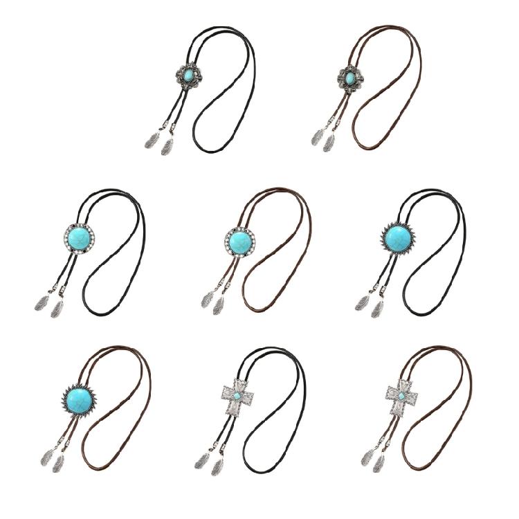 Men Women Western Cowboy Bolo Tie Vintage Floral Stone Pendant Jewelry Leather Rope Necktie Tie Metal Feathered Necklace