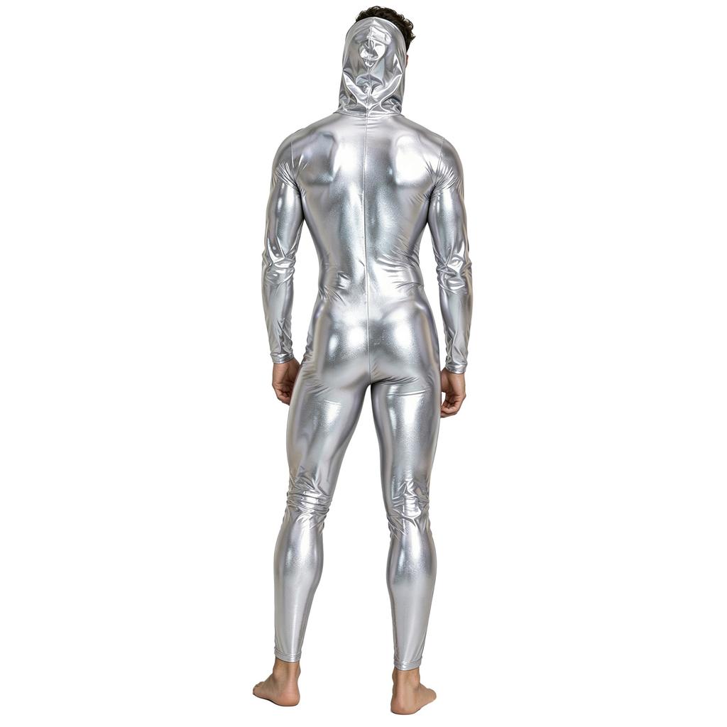 Men Metallic Shiny Hooded Jumpsuit Long Sleeve Front Zip-up Leggings Tights Catsuit Bodysuit for Rave Party Clubwear Night Out