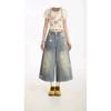 Women's High Waisted Star Print Cropped Jeans Loose Wide Leg Retro Washed Denim Culottes