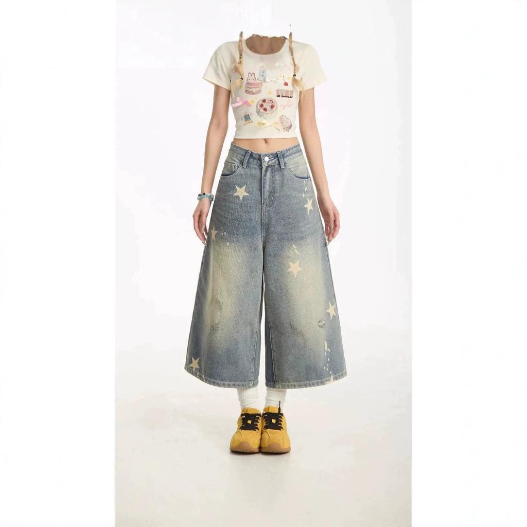 Women's High Waisted Star Print Cropped Jeans Loose Wide Leg Retro Washed Denim Culottes
