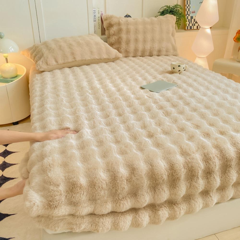 Class A Bubble Fleece Solid Color Fitted Sheet Thickened Mattress Protector Cover Fleece Bed Sheet Single Piece