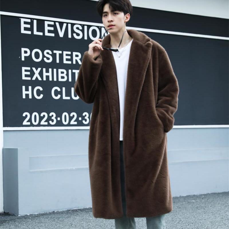 Men's Autumn and Winter Mink Fur Coat Long Knee-length Artificial Fur Coat Thick Plush Windbreaker Cotton Coat Trendy