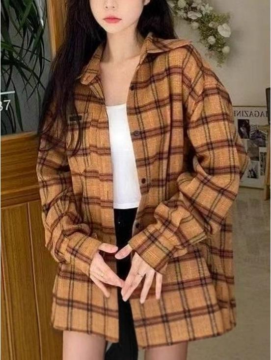 Women's Retro Plaid Shirt - French Chic, Loose Fit, Perfect for Spring & Autumn