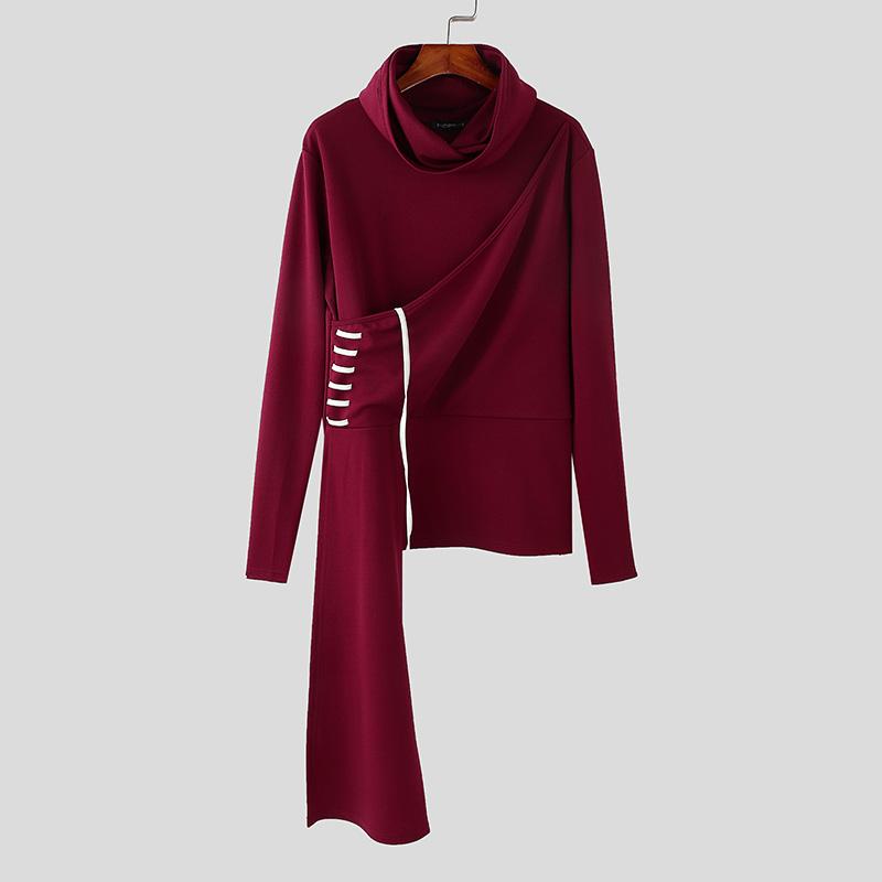 

INCERUN Мужская футболка с высоким воротником-хомутиком и длинным рукавом, повседневные топы с неровным подолом и оборками 5XL вино красного