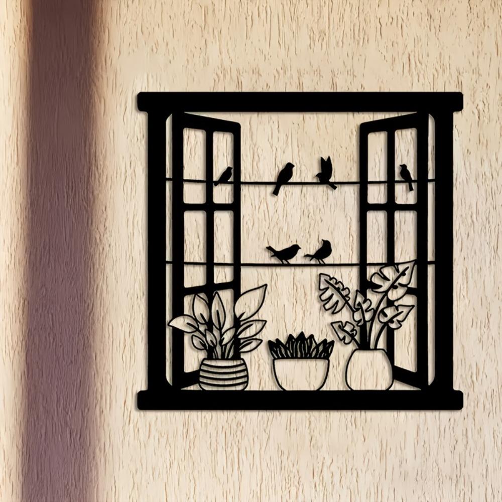 Wrought Iron Wall Art Bird Floral Window Design Metal Hanging Decor for Indoor Outdoor Garden Living Room Bedroom Gift