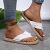 Summer Women's Plus Size Fleece Lined Flat Hemp Rope Flip Flops Comfortable Flat Canvas Slippers