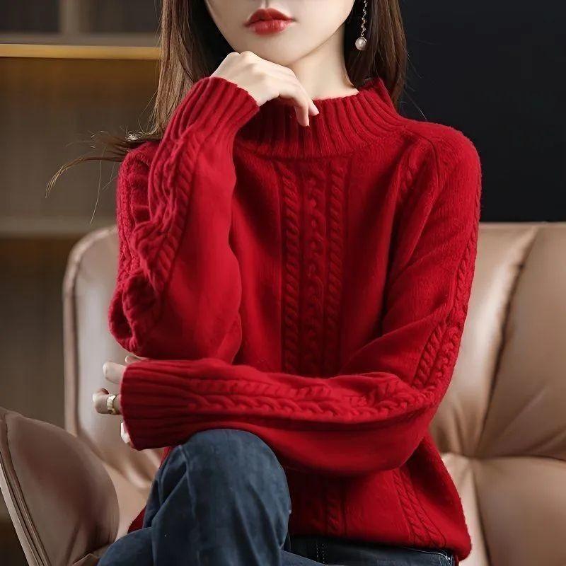 Women's Half-High Neck Cable Knit Sweater - Autumn/Winter Collection