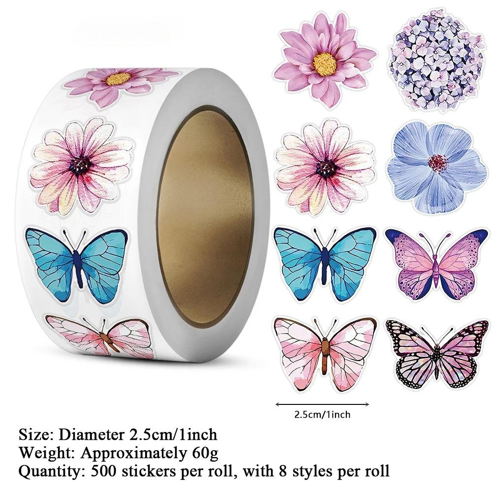 500pcs/roll Butterfly Flower Stickers Round Label Stickers Spring Daisy Self Adhesive Decorative Labels for Scrapbook Stationery