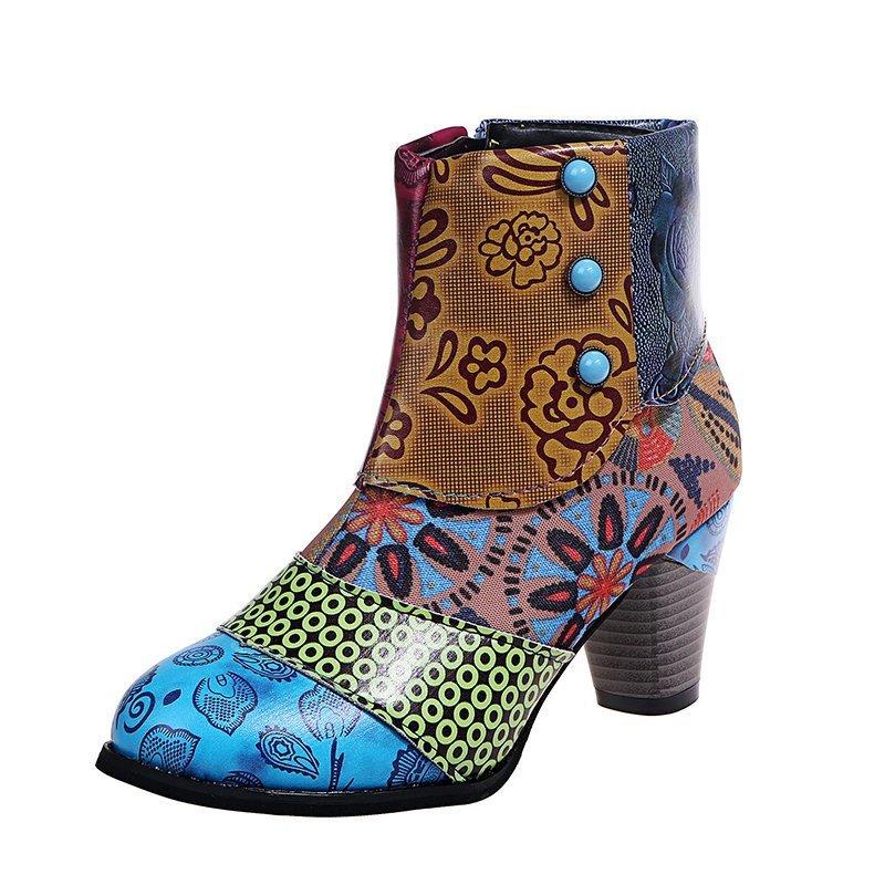 Stivaletti alla caviglia floreali chic per donna - Chiusura con cerniera laterale senza sforzo, comodo tacco spesso, versatili per tutte le occasioni