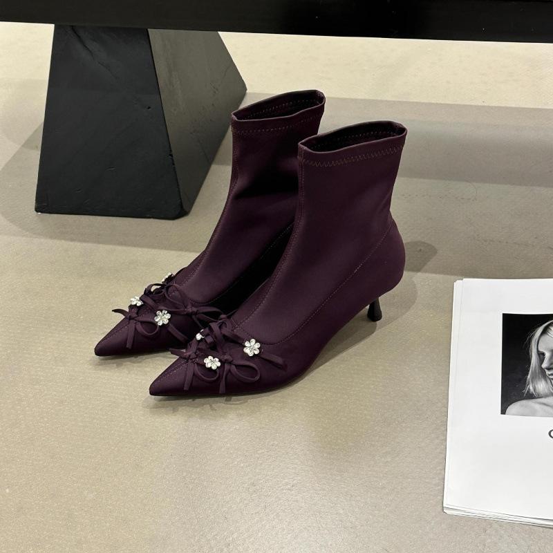 2025 autumn and winter new pointed thin heel short boots European and American fashion high heel thin boots rhinestone versatile short fashion boots