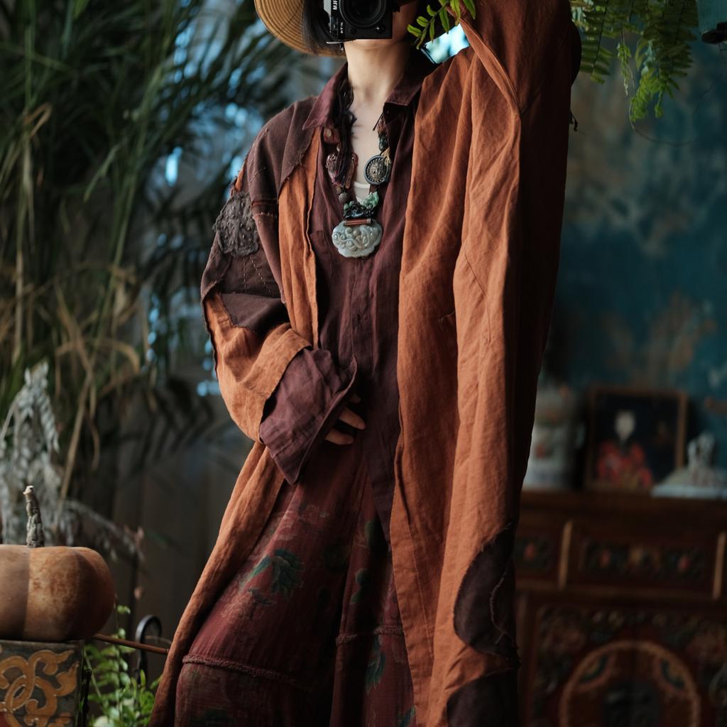 Johnature Kobiety Vintage Patchwork Kwiatowy Trencz Jednolity Kolor Lniane Płaszcze Jesień Długi Rękaw Styl Chiński Długi Trencz