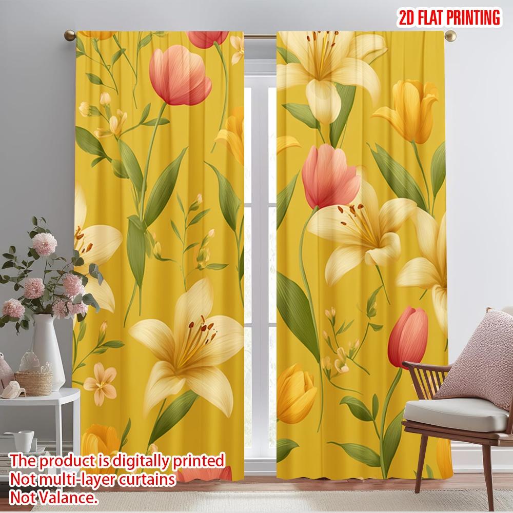 

2pcs,2D plane printing Curtains Digital Printed Yellow Floral Harmony Versatile 100% Polyester (without rod) Decorations Outdoor 52.50×116.00 CM 2pcs