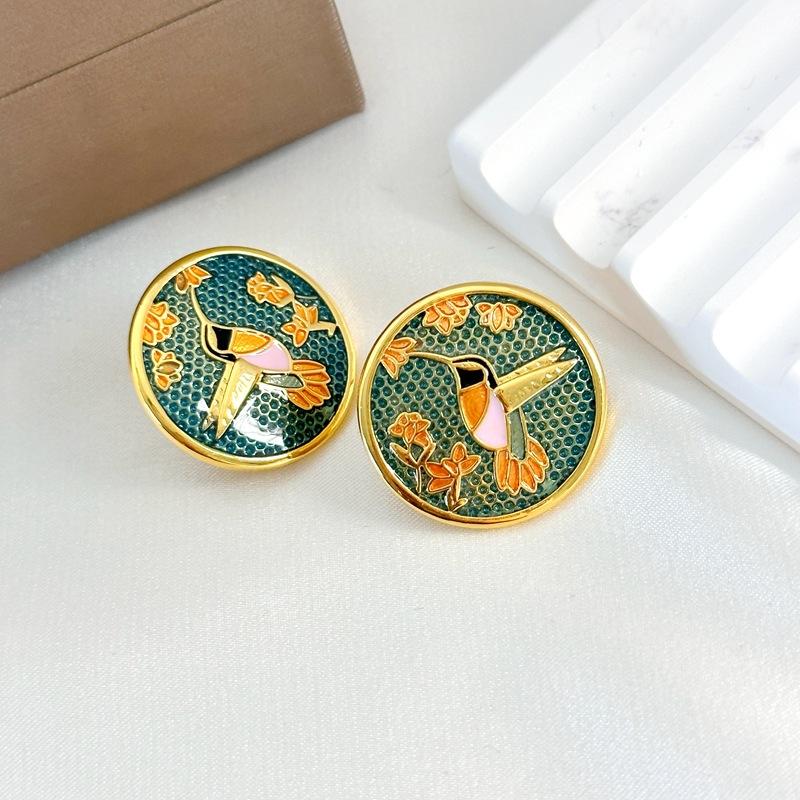 

Summer Women S High-End Earrings, Retro Oil Painting Flower And Bird Stud Earrings, Earrings.