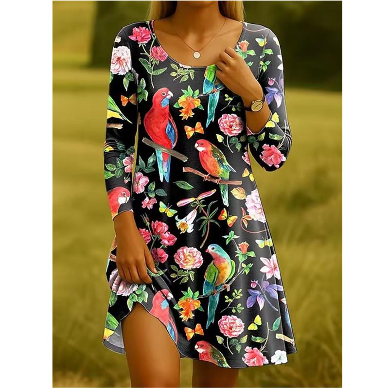 Ladies Autumn Long Sleeve Floral Dress Elegant Women's Fashion for Fall Season Floral Print A-line Dress Vestidos