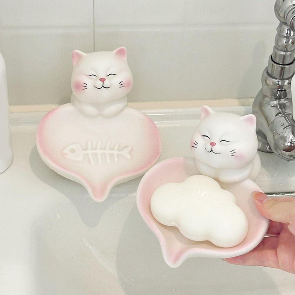Cute Cat Non-Slip Base Cat Soap Dish Pastel Pink White Cat-shaped Soap Container Creative Design Adorable Soap Rack Washbasin