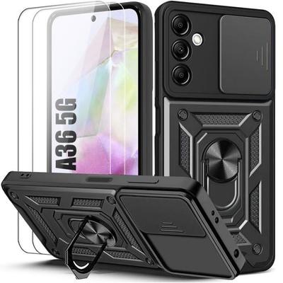 Hülle und 2 gehärtete Gläser für Samsung Galaxy A36 - Ultra-resistenter Schutz mit Ständer und verschiebbarer Kameraabdeckung - Schwarz