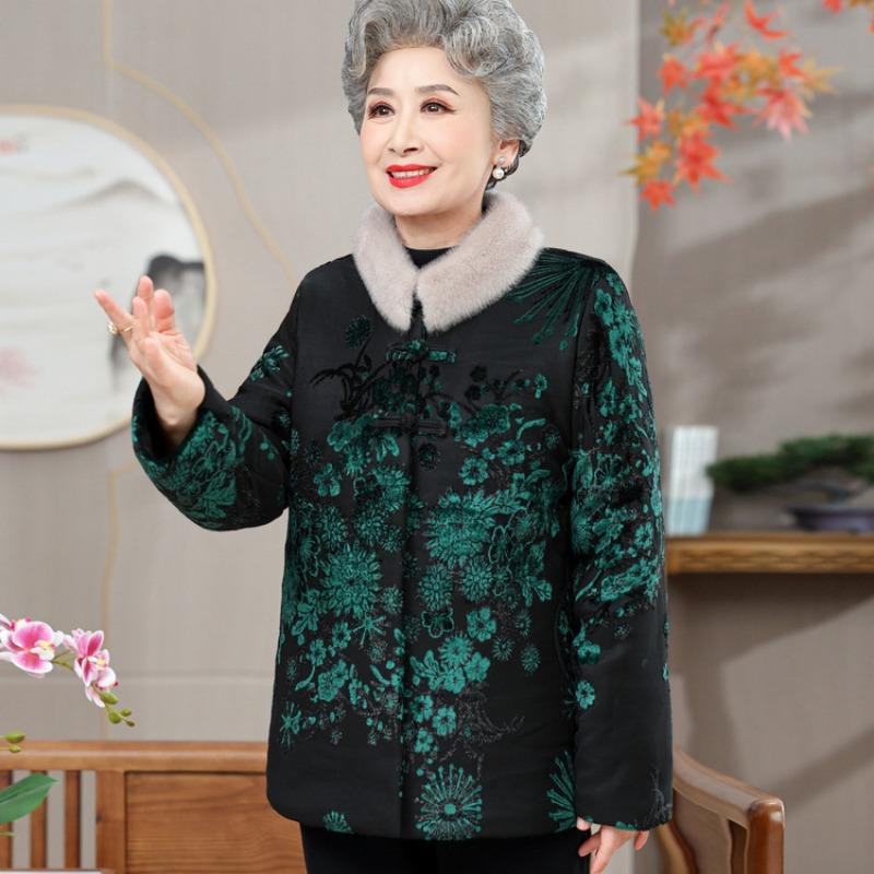 Elderly mother autumn and winter velvet thickened padded jacket grandma wear winter padded jacket female old lady retro Tang suit