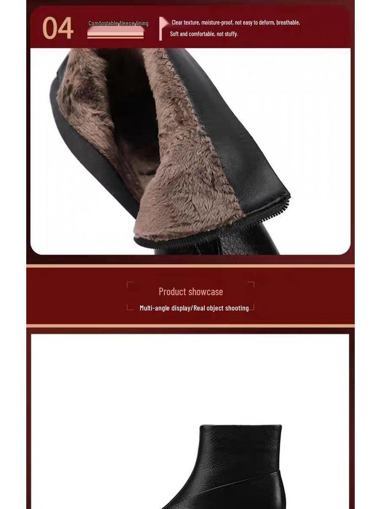 2025 Women's Soft Leather Mid-Heel Square Toe Boots with Velvet Lining for Autumn and Winter