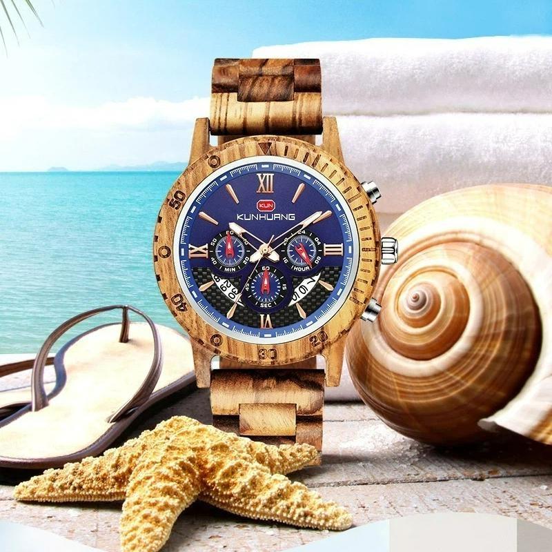 Men Natural Walnut Wood Watch Multifunctional Chronograph Quartz Wristwatch Roman Numeral Dial Sport Wooden Band Watch