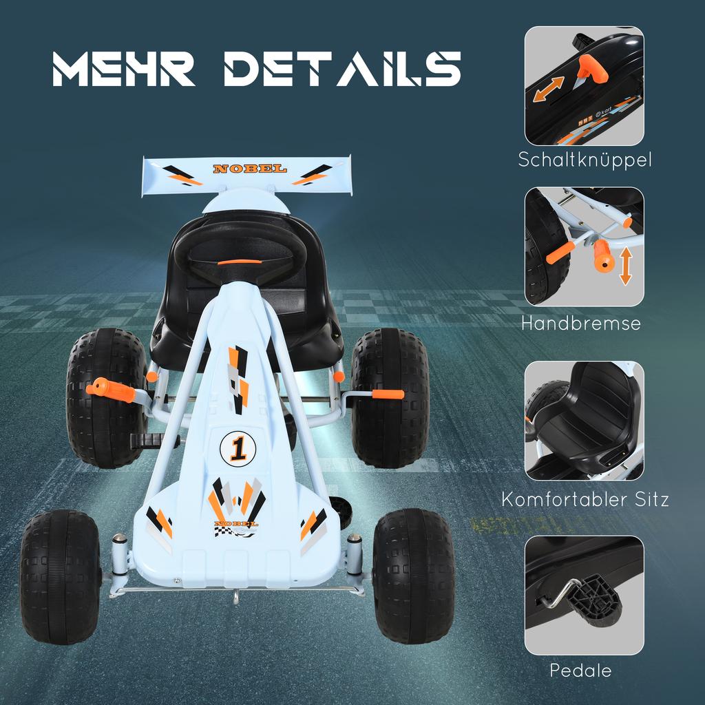 Go-Kart Pedal Car, Light Blue, Adjustable Seat, Handbrake, Forward/Reverse Gears