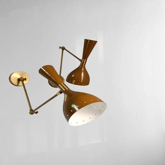 Mid-Century Italian Brass Wall Sconce Pair Brown Diabolo Lamps
