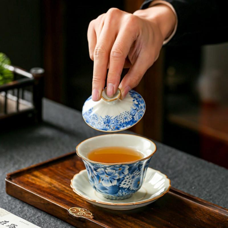 Högkvalitativ Retro Ru Ugn Te Terrin Keramisk Sancai Lockskål Tebryggare Gaiwan Kan Odla Kung Fu Te Servis