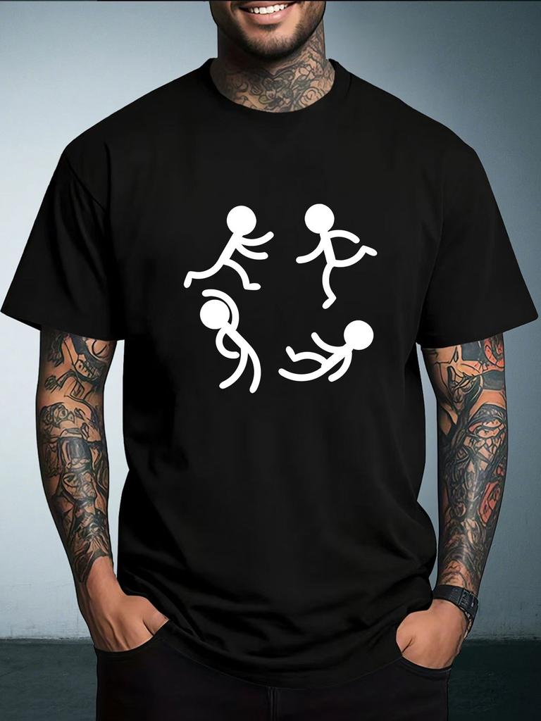Unisex Summer White Short Sleeve Tee Circle Running Stick Figures Simple Graphic Print Crew Neck Loose Casual Male Daily Tops
