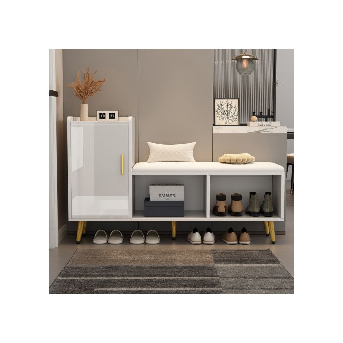 Zapatero - MUVOE - Blanco brillante - 3 estantes - Banco acolchado - Diseño contemporáneo blanco