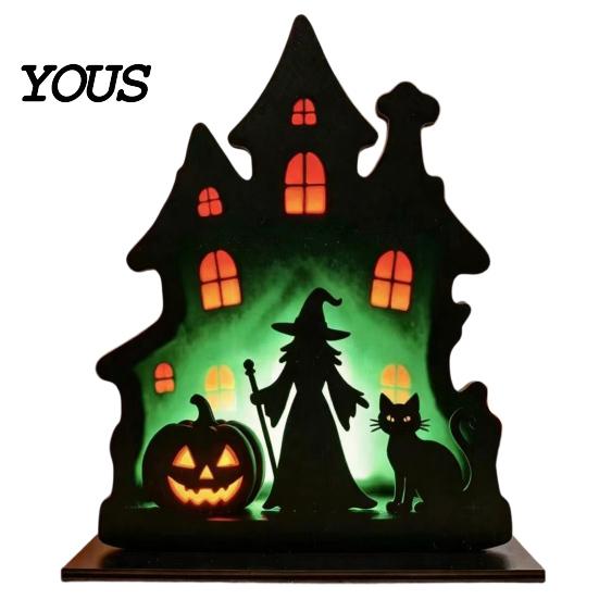 Black Matte Halloween Decoration Witch Wooden Table Centerpiece, Spooky Castle Cat Standing Durable Silhouette Tabletop Ornament for