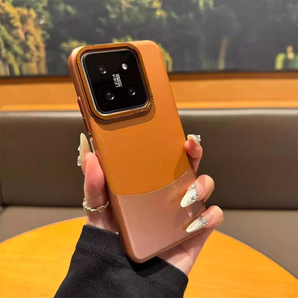 Luxury Double Color Plain Leather Matte Phone Case for Xiaomi 15 14 13 Pro Metal Lens Protection Splice Hybrid Shockproof Cover