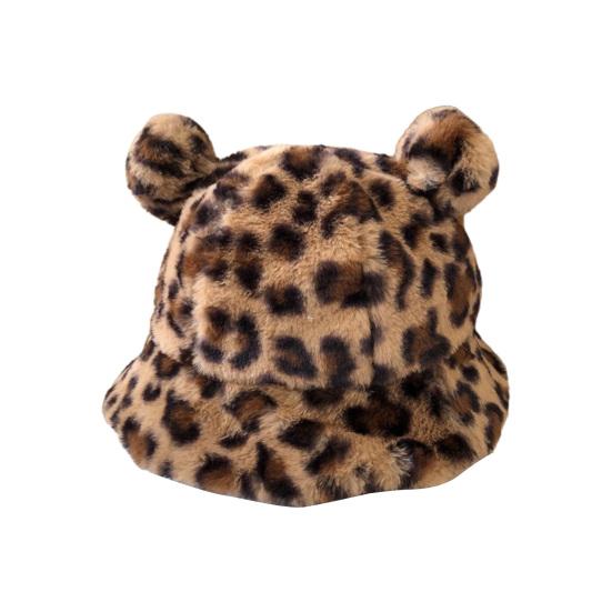 

Bucket Hat Bear Ear Ball Thickened Autumn Winter Leopard Plush Ball Basin Cap for Outdoor