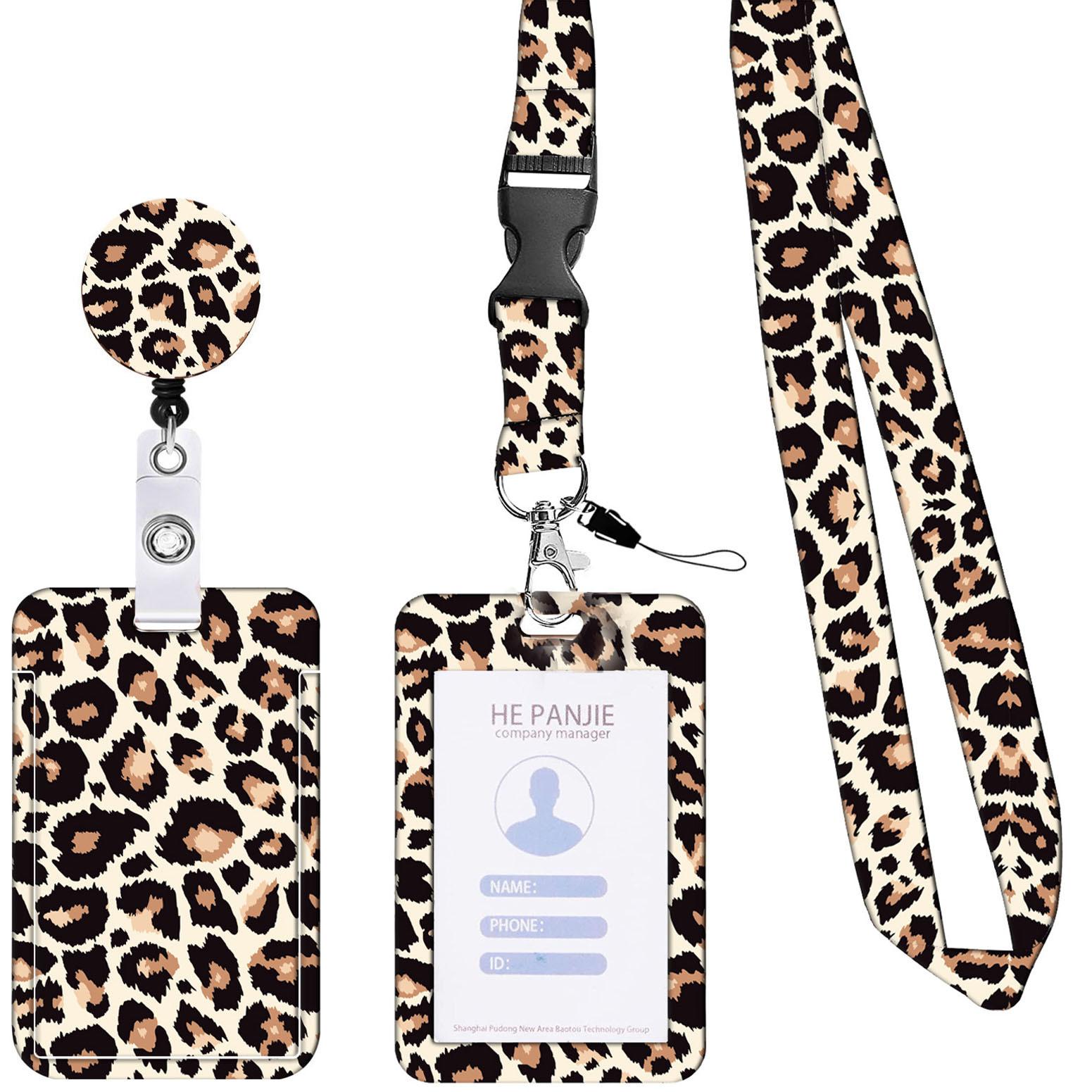 

Leopard Print Retractable Badge Reel Holder with Card Holder Neck Strap Lanyard Stylish ID Name Worker Card Keychain for Women