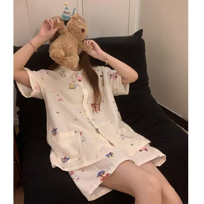 

Super cute cartoon bear pajamas women s summer new short-sleeved sweet plaid high-value loungewear beautiful girl suit xxl [recommended weight 67.5-75kg ]