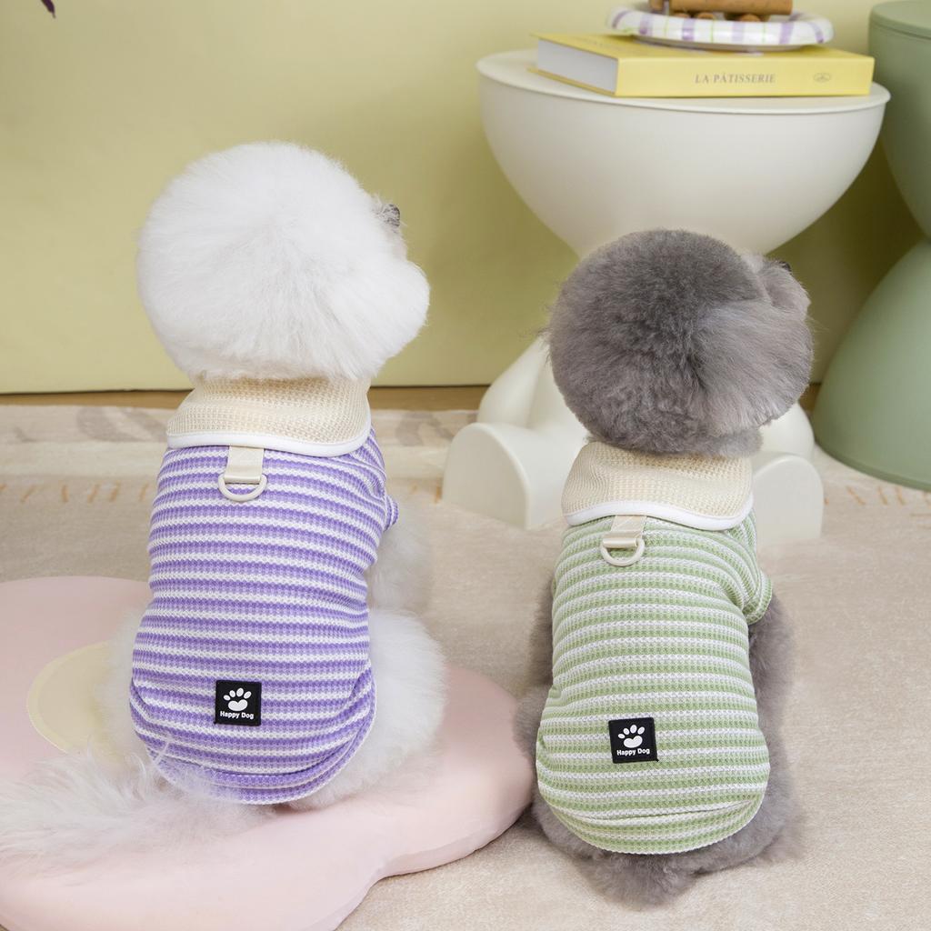 Spring and summer dog clothes paw print cloth sticker lapel striped T-shirt thin breathable small dog cat pet clothing
