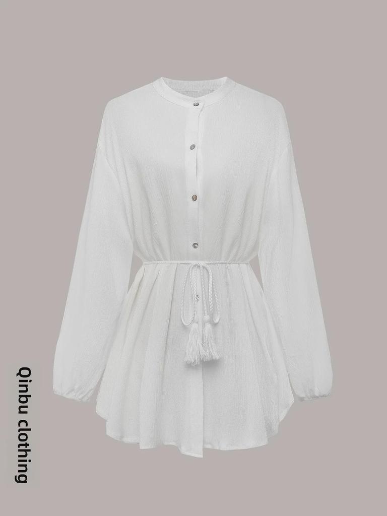 Women's 2025 White Lace-Up Button Ruffle Dress