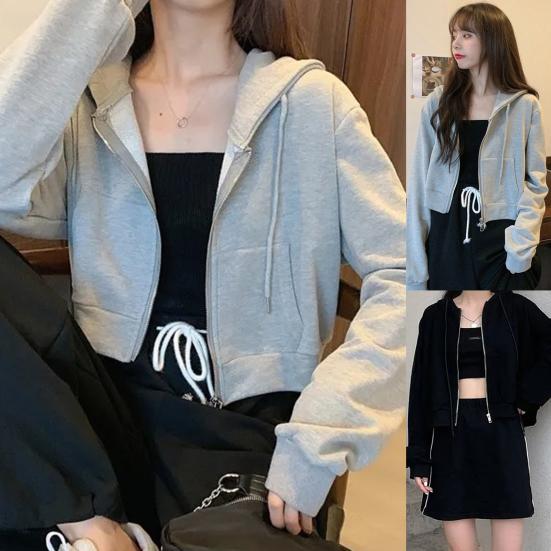 Women Autumn Solid Color Long Sleeve Zipper Pocket Coat Short Hoodie Crop