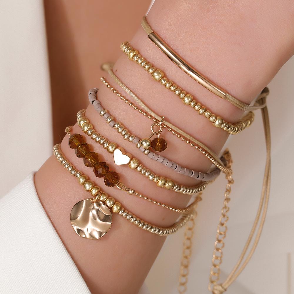 Bohemian Vacation Style Beaded Seven-piece Set, Rice Bead Bracelet, Women's Jewelry, Ethnic Style Stacked Wearing Love Bracelet.