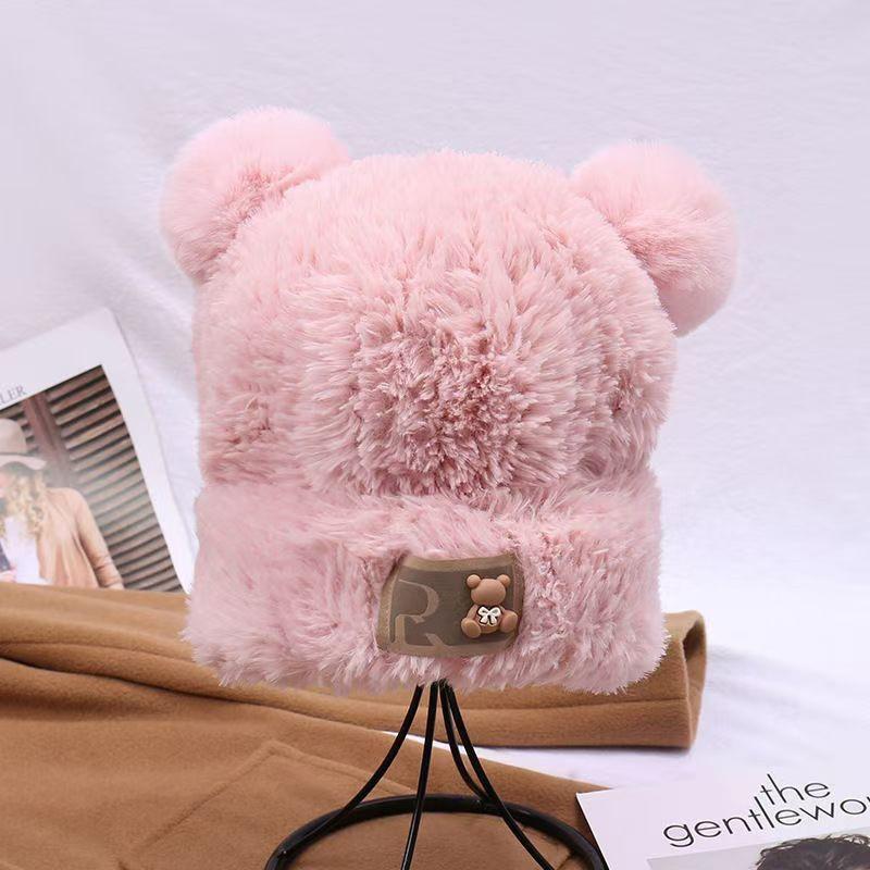 Cute bear wool hat women's winter plush warm fluffy autumn and winter big head circumference knitted hat