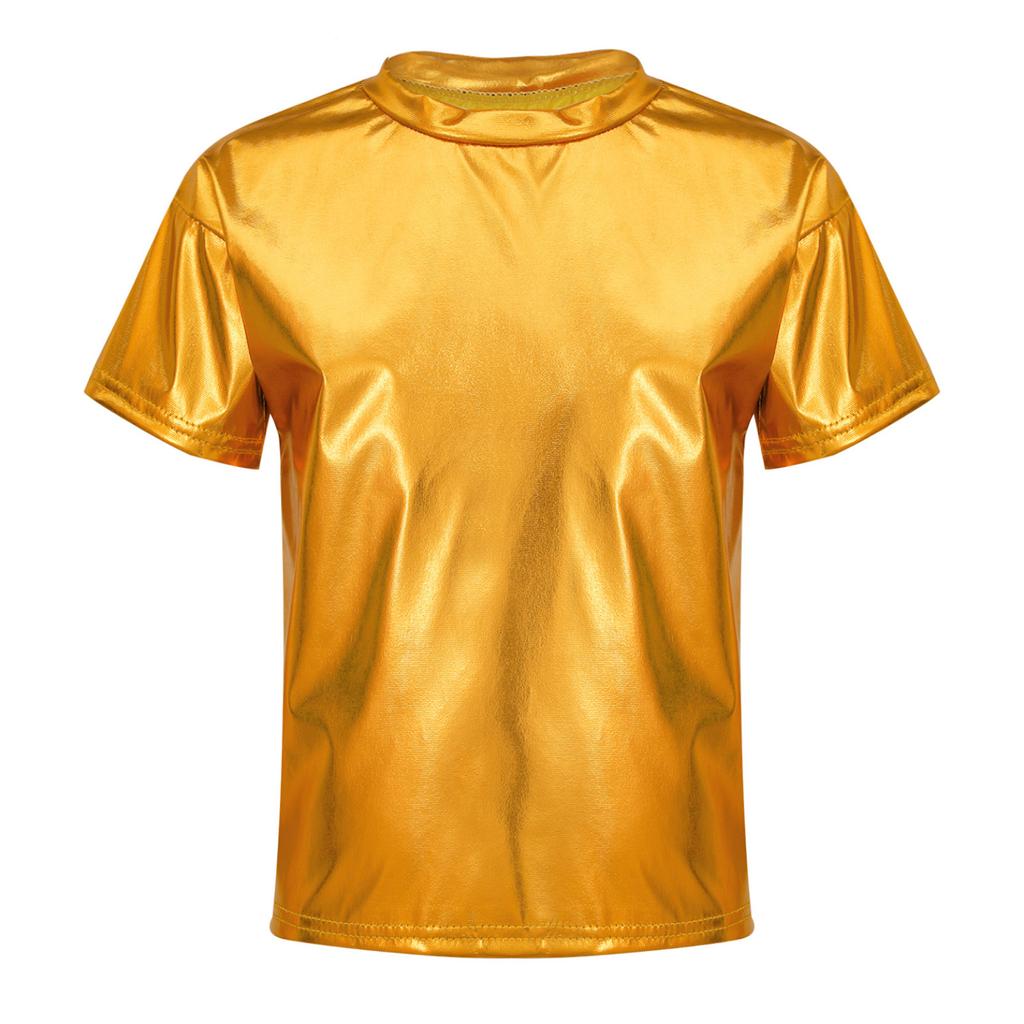 Kids Girls Boys Sparkling Short Sleeve Tops Fashion Round Neck T-shirt Dance Performance Costume