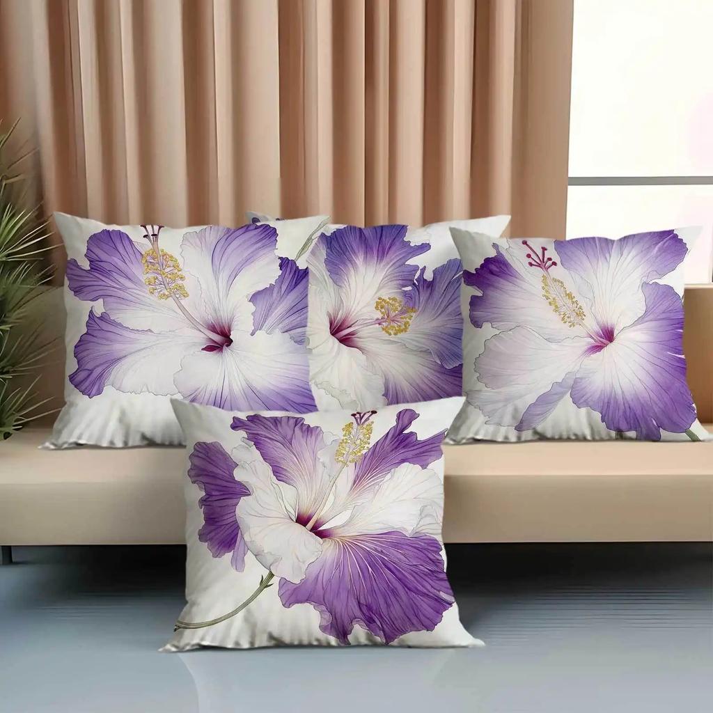 Purple & White Hibiscus Pillowcase: Realistic Floral-Themed Cushion Cover For Home Sofa Decor