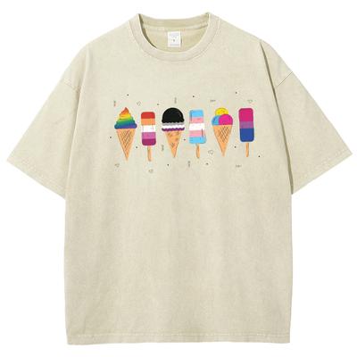 Lockeres Rundhals-T-Shirt Washed Denim Material Eiscreme Niedlicher Print Trend Bequem Lässig Retro Streetwear Oberteile