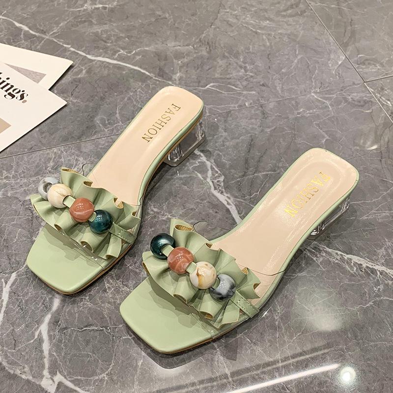 Ladies' Summer Mid Heeled Cool Slippers Women's Outerwear One Line Slippers Versatile Bead Crystal Heels Shoes