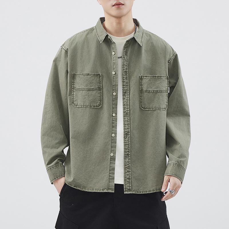 

Рубашка с длинными рукавами из американского плотного стираного чистого хлопка, мужская, высокого класса, повседневная, однотонная, инструментальная рубашка, куртка 3XL армия зеленый
