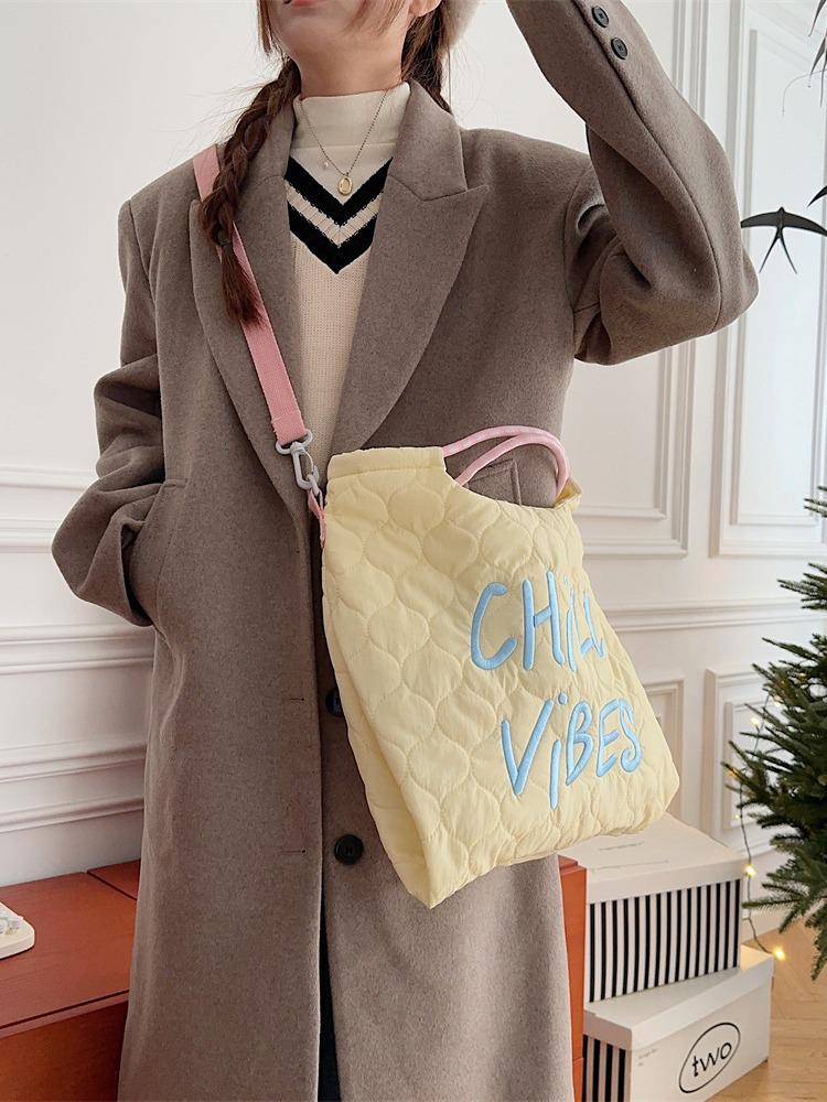 Autumn/Winter Quilted Canvas Tote & Crossbody Bag with Korean Style Embroidered Lettering